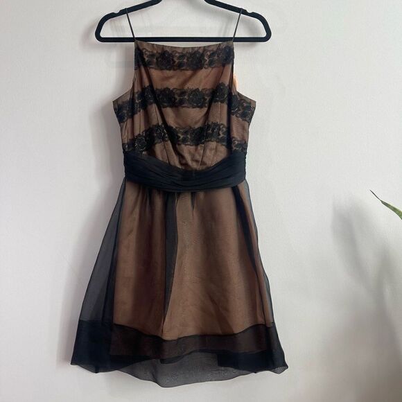 Laundry By Shelli Segal - Tan & Black Silk Spaghetti Strap Dress Sz 6 - Picture 1 of 11